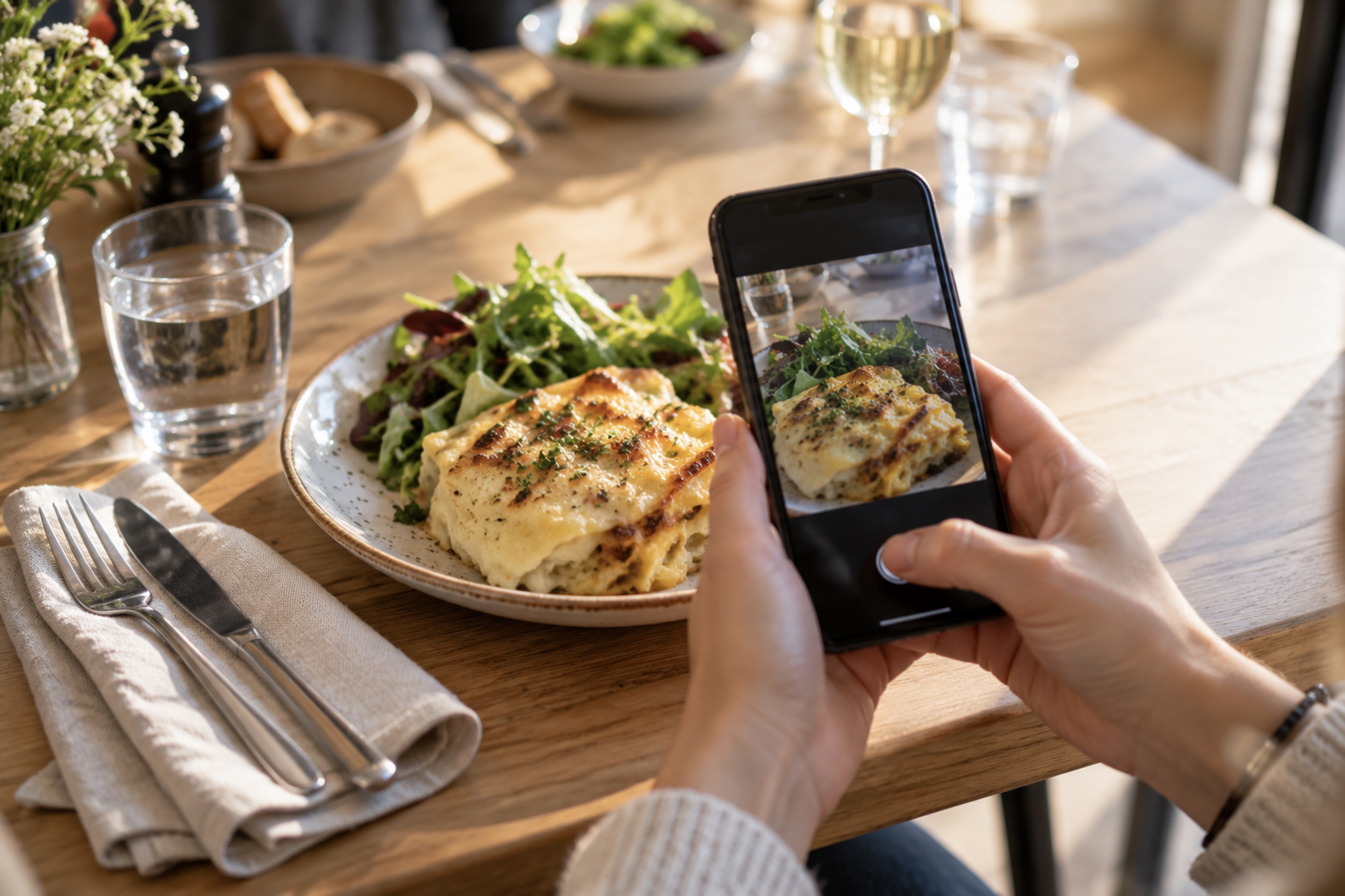 Une assiette servie sur une table en bois, téléphone à la main, avant la première bouchée.
